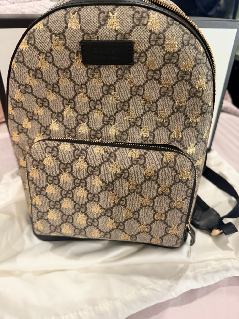 Gucci Beige GG Canvas Backpack with Gold Bee Motif